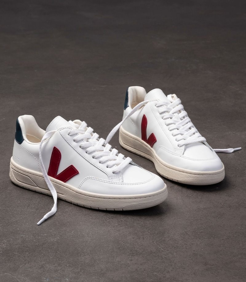 Womens Veja V-12 Leather Trainers White / Burgundy KSA | BD5W4J