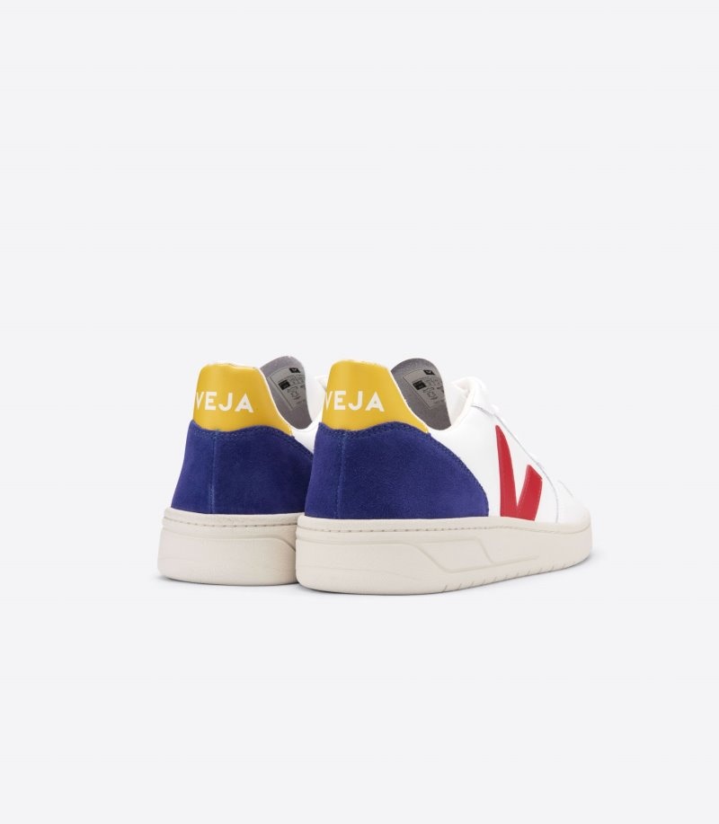 Womens Veja Vstore V-10 Leather Trainers White / Deep Blue / Red KSA | LQO943