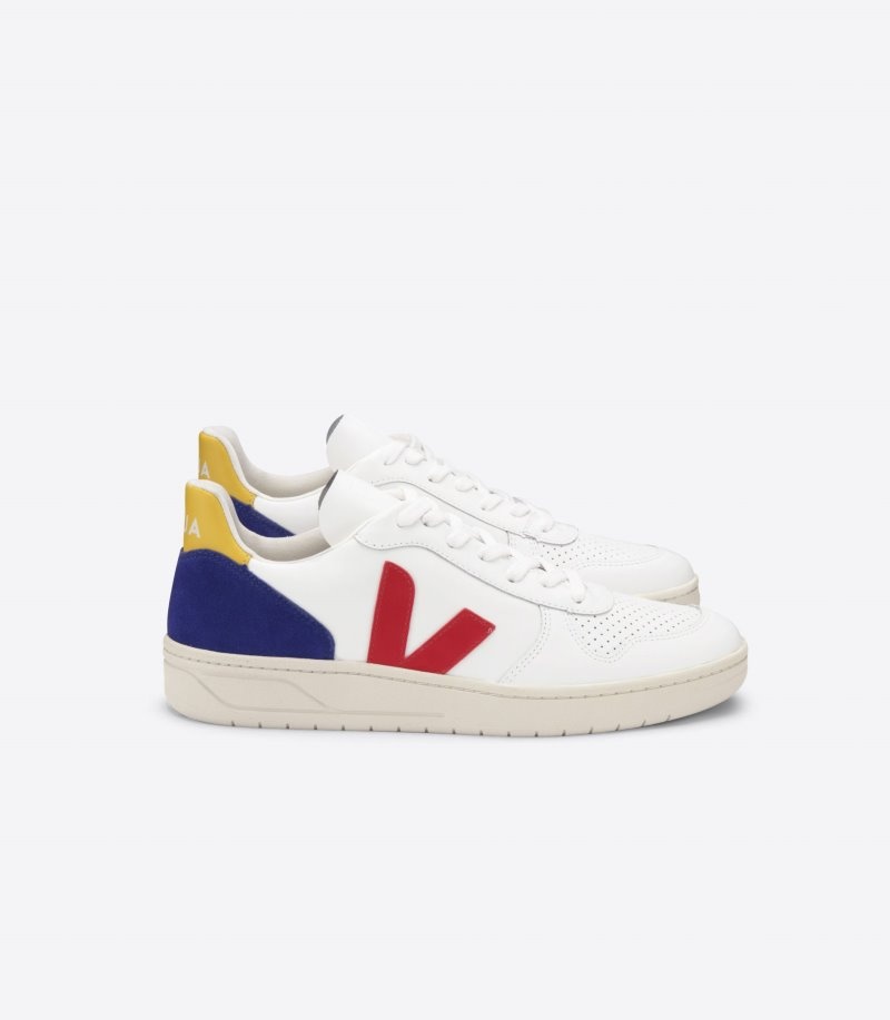 Womens Veja Vstore V-10 Leather Trainers White / Deep Blue / Red KSA | LQO943